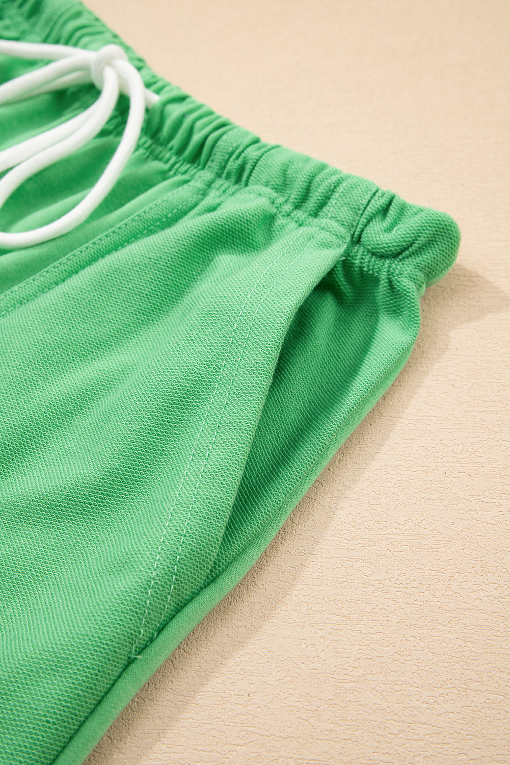 Mint Green V Neck Drop Shoulder Tee and Patchwork Drawstring Elastic Waistband Shorts Set Short Sets JT's Designer Fashion