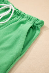 Mint Green V Neck Drop Shoulder Tee and Patchwork Drawstring Elastic Waistband Shorts Set Short Sets JT's Designer Fashion