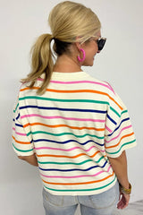 Beige Stripe Dropped Short Sleeve Boxy Fit Knitted Top Sweaters & Cardigans JT's Designer Fashion