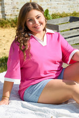 Pink Contrast Trim Collared Split Neck Short Sleeve Plus Size Top Plus Size Tops & Tees JT's Designer Fashion