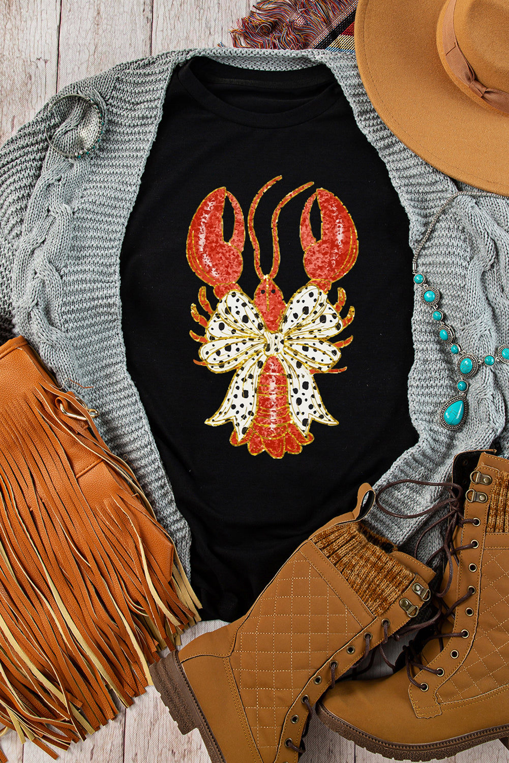 Black Dotty Bow Knot Crawfish Printed T Shirt Graphic Tees JT's Designer Fashion