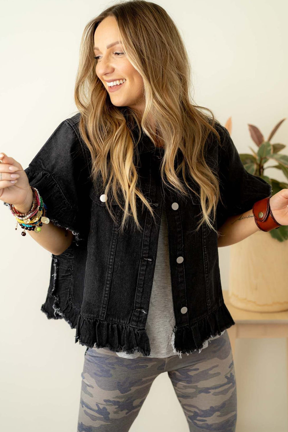 Black Raw Edge Ruffled Short Sleeve Denim Jacket Denim Jackets JT's Designer Fashion