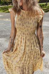 Yellow Boho Floral Print Ruffle Smocked Flowy Summer Dress Floral Dresses JT's Designer Fashion