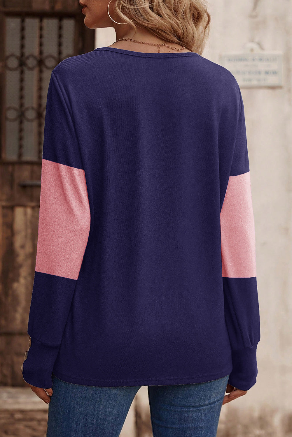 Blue Stripe Colorblock Button Decor Long Sleeve V Neck Top Long Sleeve Tops JT's Designer Fashion