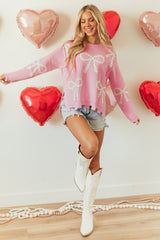 Pink Pearl Beaded Bowknot Pattern Distressed Split Hem Sweater Sweaters JT's Designer Fashion