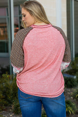 Pink Checkered Paisley Patchwork Raglan Sleeve Seamed Plus Size Top Plus Size Long Sleeve Tops JT's Designer Fashion