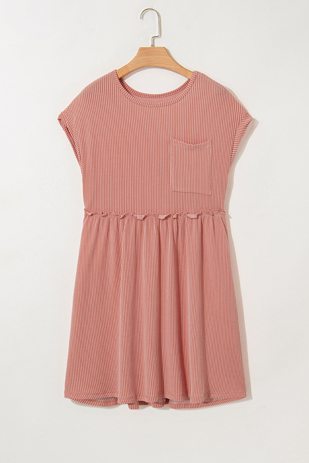 Dusty Pink Corded Knit Textured Patched Pocket Frilled Swing Mini Dress with Pockets Mini Dresses JT's Designer Fashion