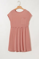Dusty Pink Corded Knit Textured Patched Pocket Frilled Swing Mini Dress with Pockets Mini Dresses JT's Designer Fashion