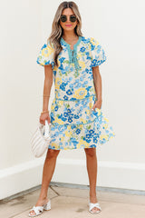 Blue Floral Striped Trim Puff Short Sleeve Dress Floral Dresses JT's Designer Fashion