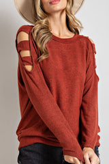 Orange Cutout Cold Shoulder Long Sleeve Top Long Sleeve Tops JT's Designer Fashion