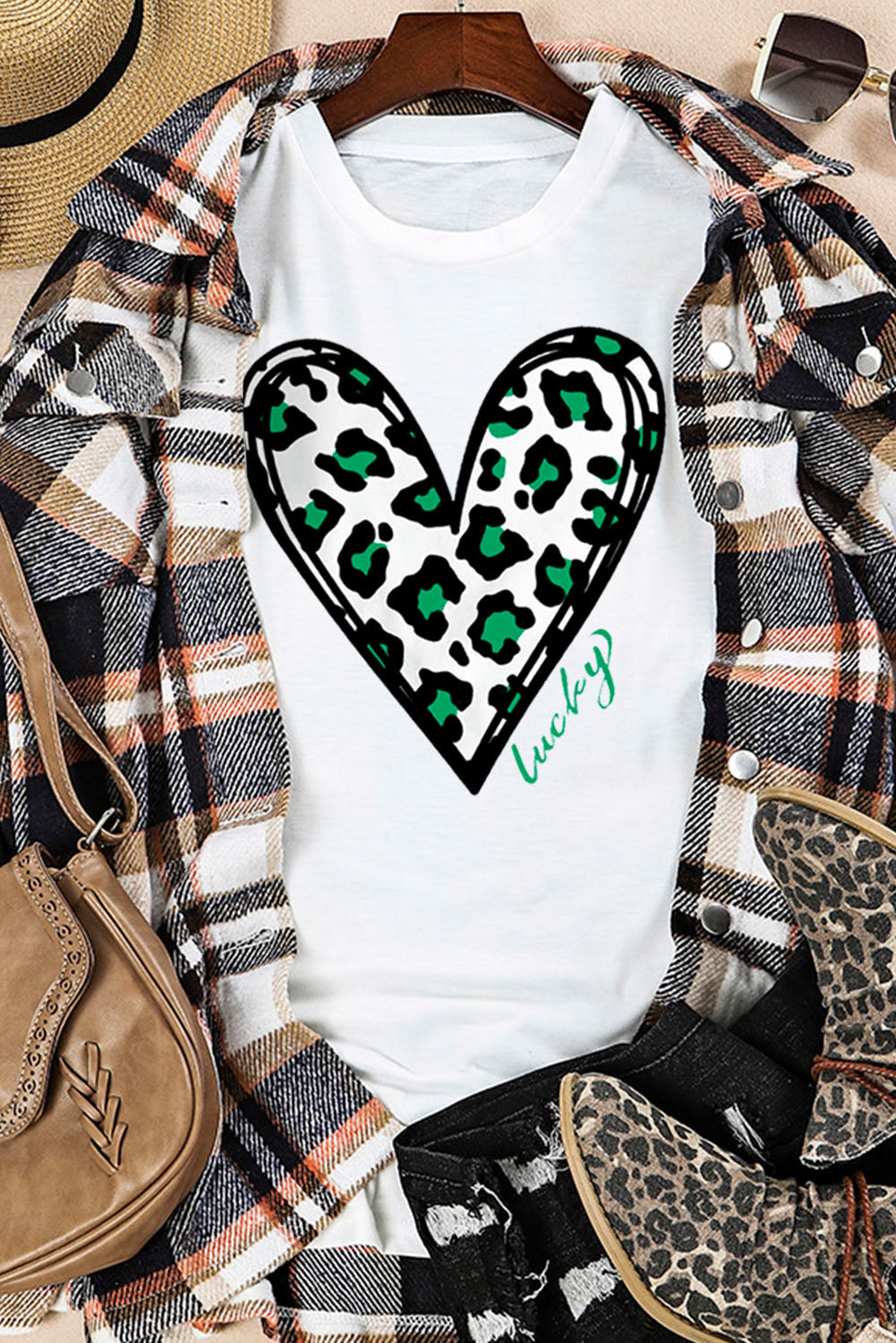 White Lucky Leopard Heart Print St Patricks Day T Shirt Graphic Tees JT's Designer Fashion