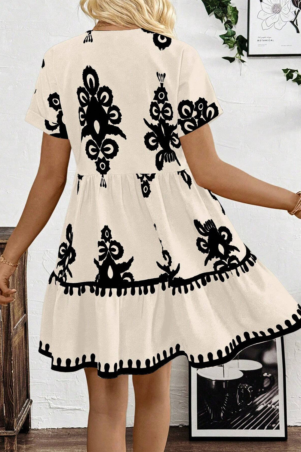 Black Vintage Print V Neck High Waist Short Sleeve Dress Mini Dresses JT's Designer Fashion