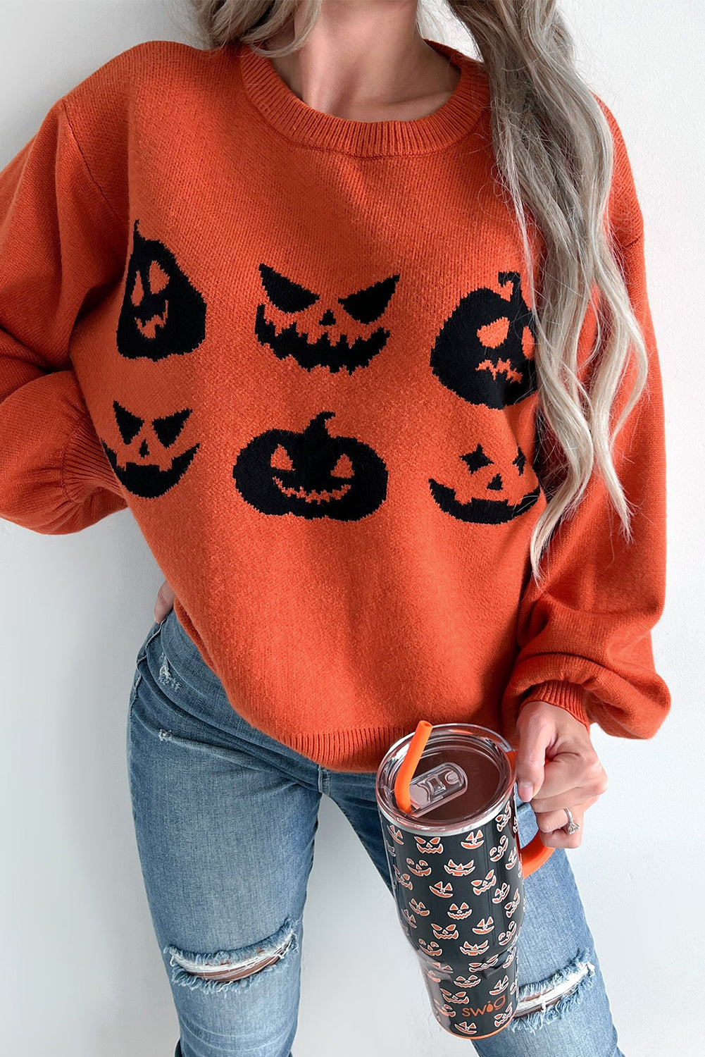 Orange Halloween Pumpkin Face Pattern Drop Shoulder Sweater Sweaters JT's Designer Fashion