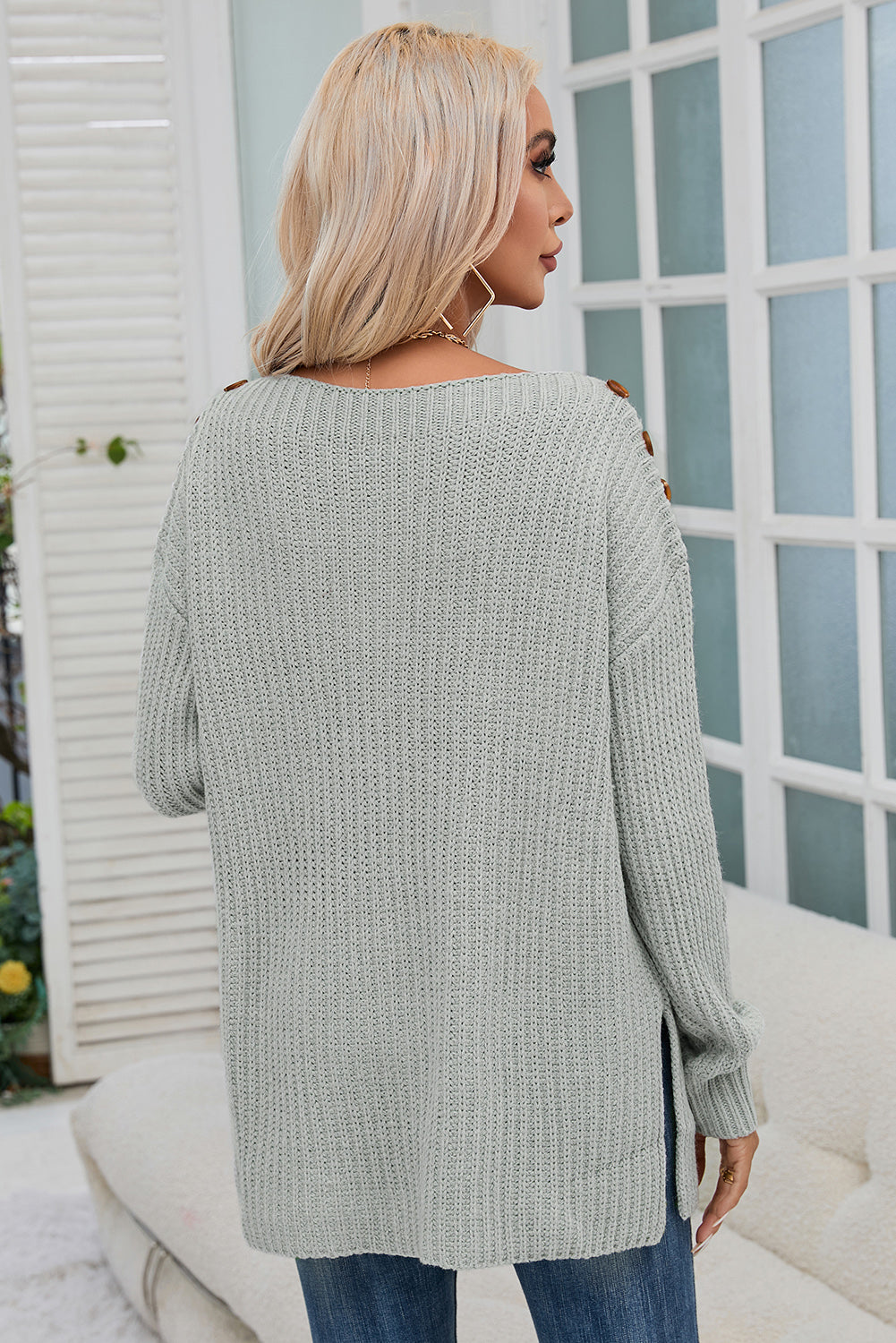 Gray Buttoned Drop Shoulder Oversized Sweater Sweaters & Cardigans JT's Designer Fashion