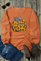Orange Halloween Leopard Pumpkin Patchwork Ribbed Sweatshirt Graphic Sweatshirts JT's Designer Fashion