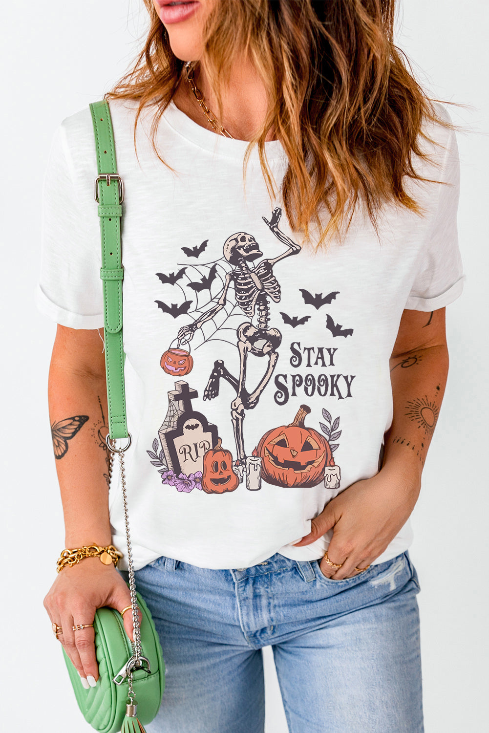 White Skull Pumpkin Face STAY SPOOKY Graphic Halloween T Shirt Graphic Tees JT's Designer Fashion