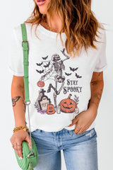 White Skull Pumpkin Face STAY SPOOKY Graphic Halloween T Shirt Graphic Tees JT's Designer Fashion