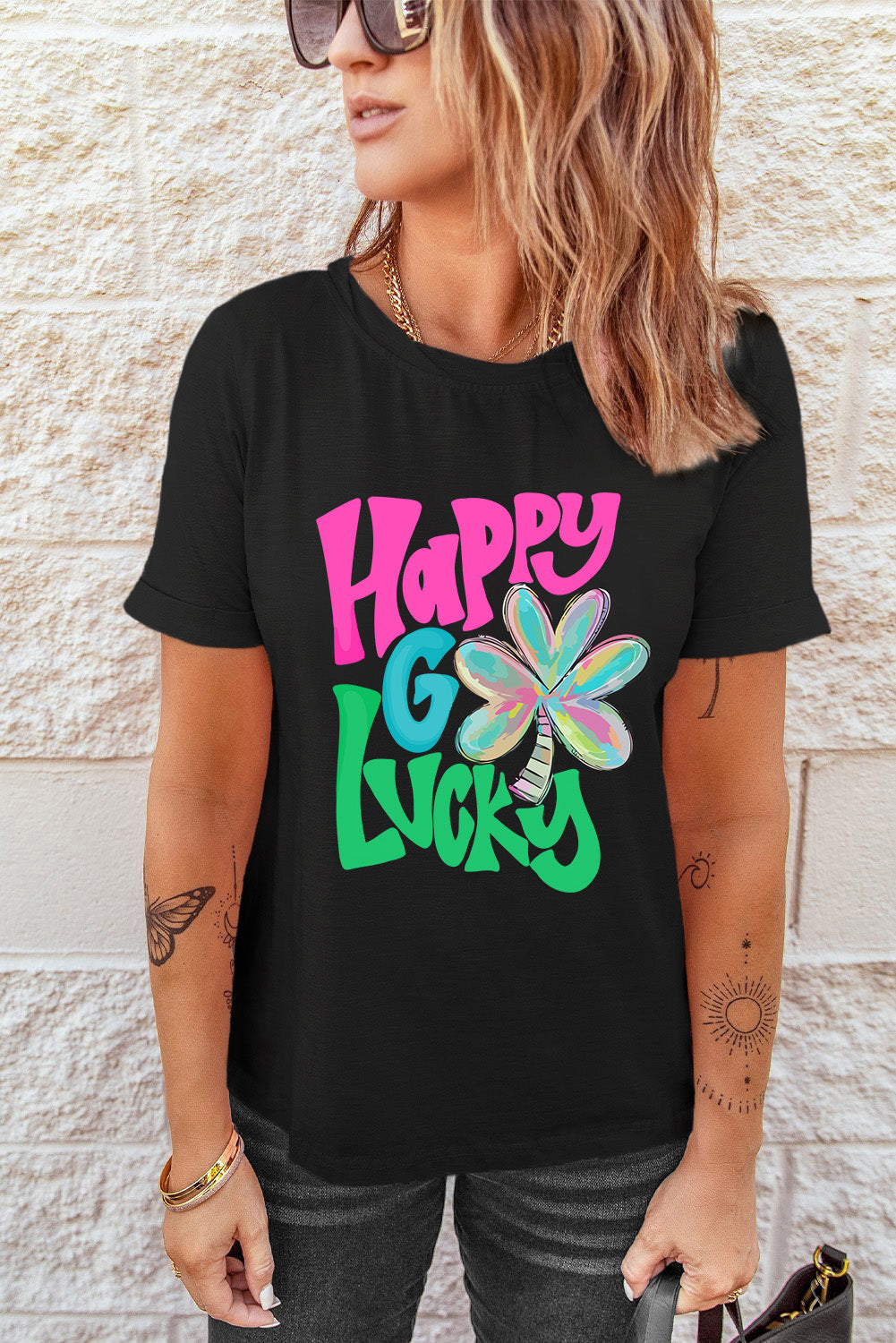 Black Happy GO Lucky Clover Print Crew Neck T Shirt Graphic Tees JT's Designer Fashion