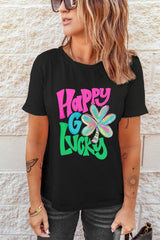 Black Happy GO Lucky Clover Print Crew Neck T Shirt Graphic Tees JT's Designer Fashion