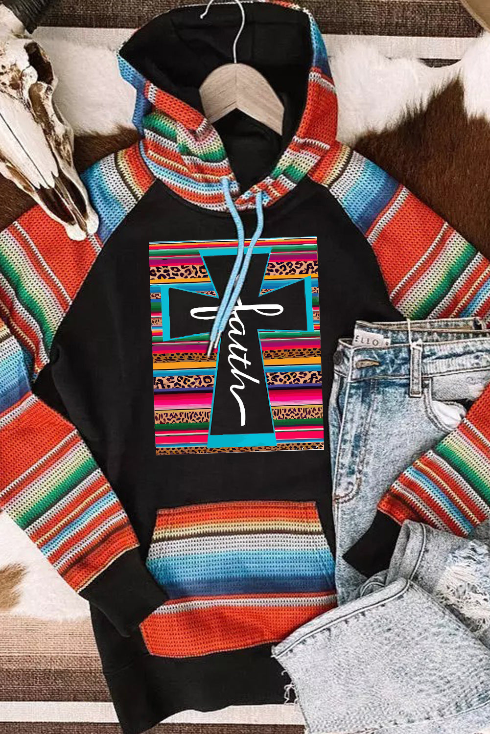Multicolor Faith Western Serape Striped Patchwork Loose Hoodie Graphic Sweatshirts JT's Designer Fashion