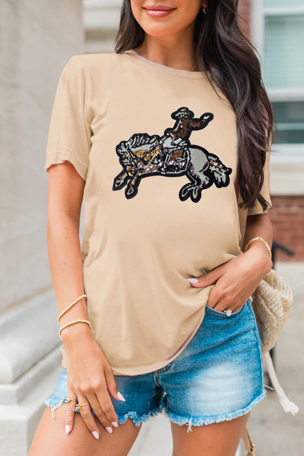 Khaki Sequin Rodeo Graphic Crewneck Tee Graphic Tees JT's Designer Fashion