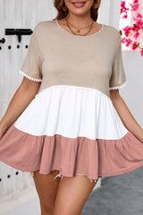 Beige Plus Size Color Block Lace Trim Ruffled Blouse Plus Size Blouses & Shirts JT's Designer Fashion