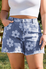 Ashleigh Blue Floral Pattern High Waist Raw Hem Plus Size Denim Shorts Plus Size Bottoms JT's Designer Fashion