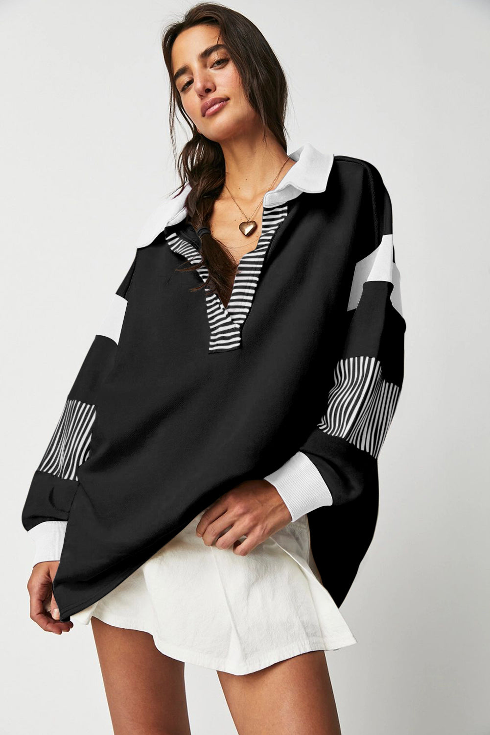 Black Striped Colorblock Patchwork Collar Sweatshirt Sweatshirts & Hoodies JT's Designer Fashion