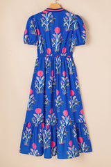 Sky Blue Floral Puff Short Sleeve V Neck High Waist Maxi Dress Floral Dresses JT's Designer Fashion