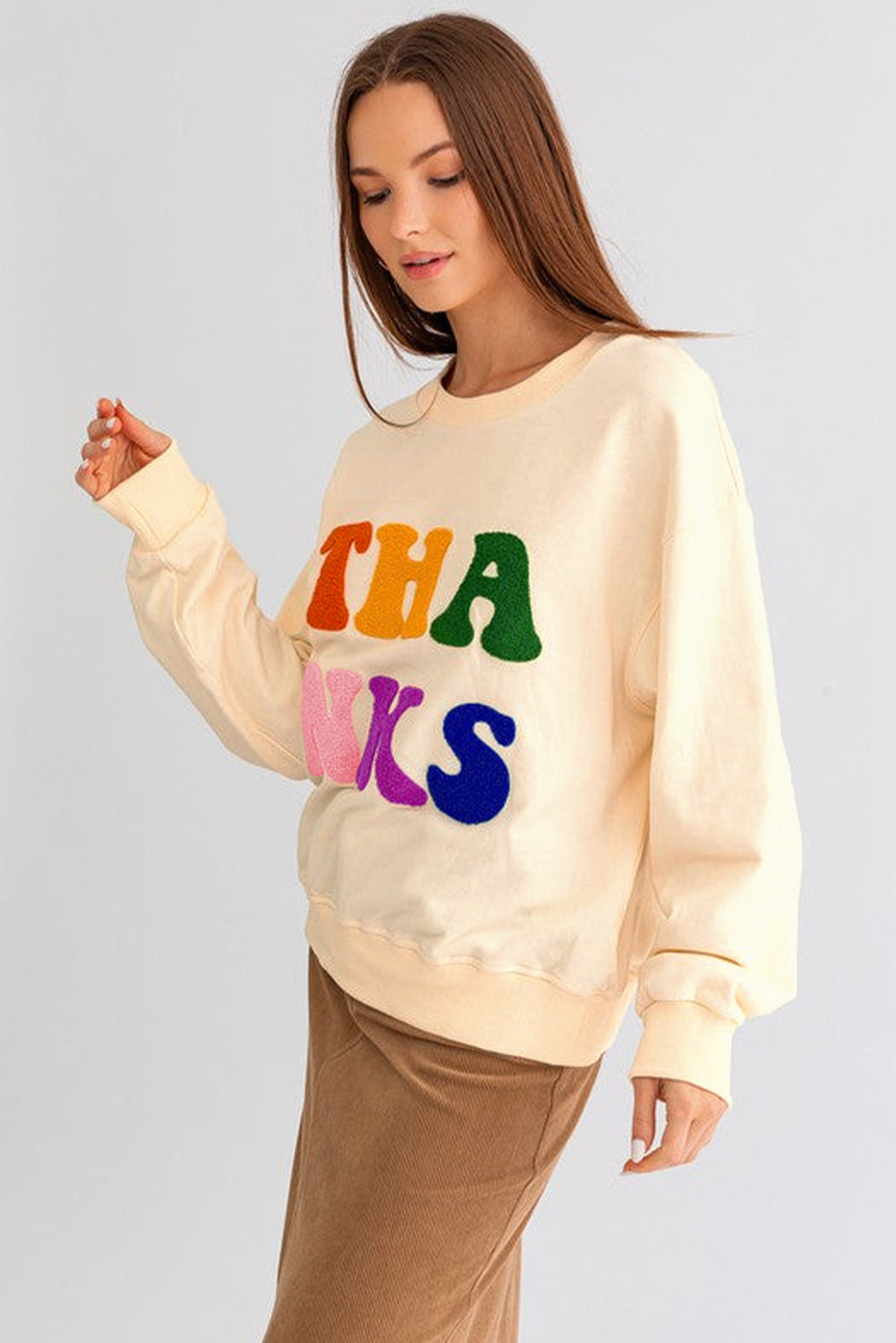 Apricot THANKS Chenille Embroidered Drop Shoulder Graphic Sweatshirt Sweatshirts & Hoodies JT's Designer Fashion