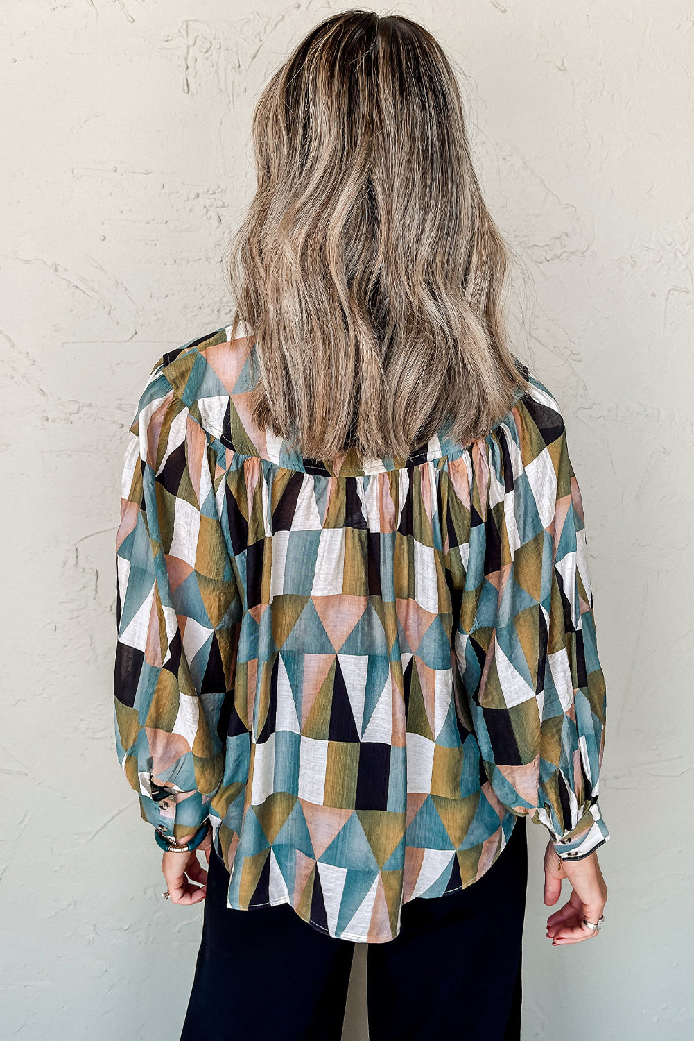 Green Geometric Print Buttoned Balloon Sleeve Loose Fit Shirt Blouses & Shirts JT's Designer Fashion