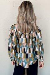 Green Geometric Print Buttoned Balloon Sleeve Loose Fit Shirt Blouses & Shirts JT's Designer Fashion