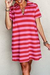 Red Stripe Textured Knit Collared V Neck Shift T Shirt Dress T Shirt Dresses JT's Designer Fashion