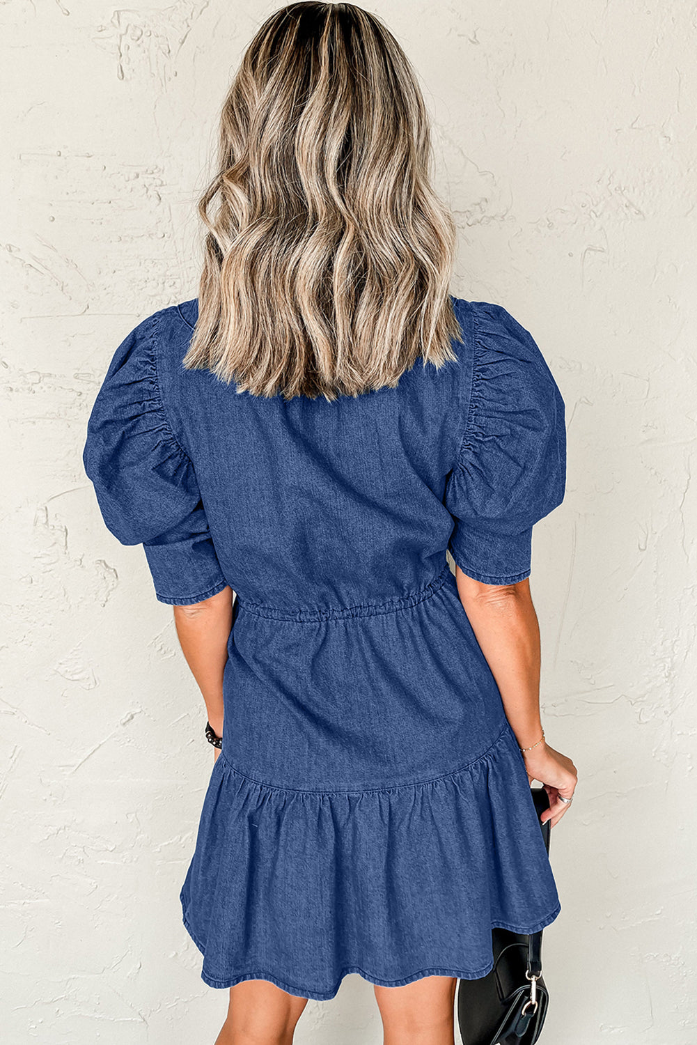 Blue Drawstring High Waist Puff Sleeve Denim Mini Dress Mini Dresses JT's Designer Fashion