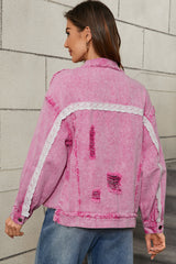 Pink Lace Patchwork Distressed Buttoned Denim Jacket Denim Jackets JT's Designer Fashion