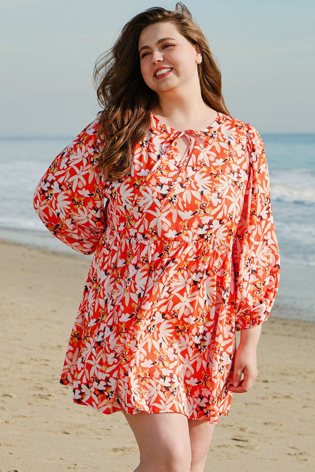 Orange Floral Print Split V Neck Bubble Sleeve Plus Size Midi Dress Orange 100%Polyester Plus Size Midi Dresses JT's Designer Fashion