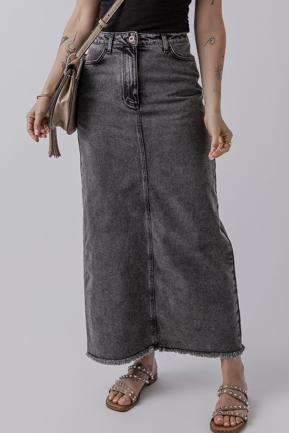 Dark Grey Denim Raw Hem Back Split High Waist Long Skirt Skirts & Petticoat JT's Designer Fashion