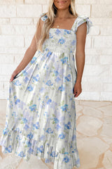 Sky Blue Floral Smocked High Waist Double Ruffle Sleeveless Long Dress Sky Blue 100%Polyester Maxi Dresses JT's Designer Fashion