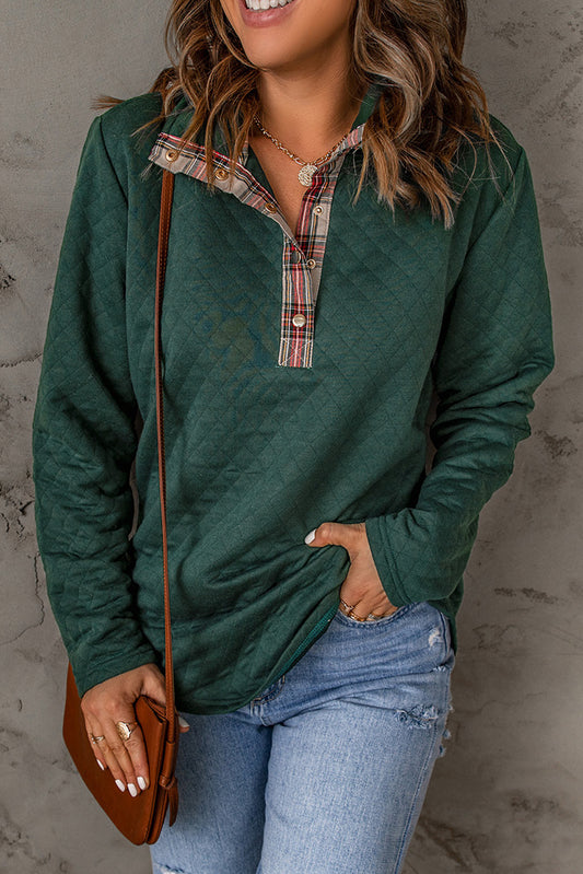 Green Geometric Texture Plaid Trim Sweatshirt Sweatshirts & Hoodies JT's Designer Fashion