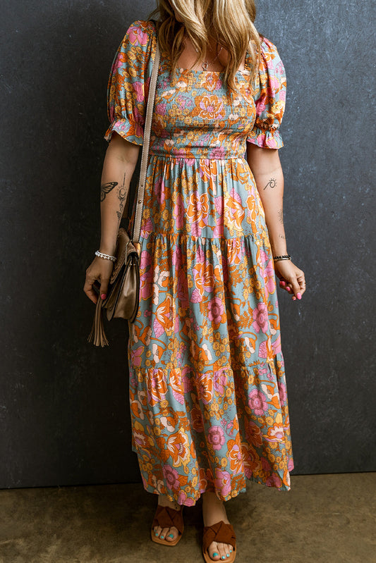 Yellow Smocked Bodice High Waist Puff Sleeve Floral Dress Yellow 100%Viscose Floral Dresses JT's Designer Fashion