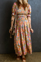 Yellow Smocked Bodice High Waist Puff Sleeve Floral Dress Yellow 100%Viscose Floral Dresses JT's Designer Fashion