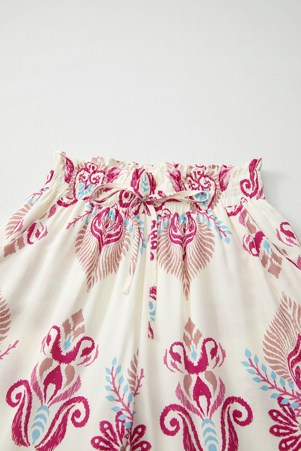 Rose Boho Printed Shirred High Waist Flowy Wide Leg Pants Pants & Culotte JT's Designer Fashion