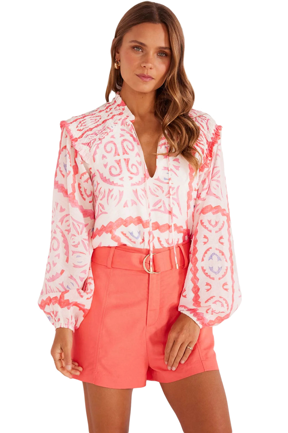 Desert Flower Vintage Print Smocked Poet Collar Billowy Blouson Sleeves Blouse Blouses & Shirts JT's Designer Fashion
