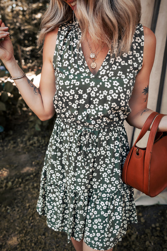 Green Boho Floral Print V Neck Tunic Sleeveless Dress Green 100%Viscose Floral Dresses JT's Designer Fashion