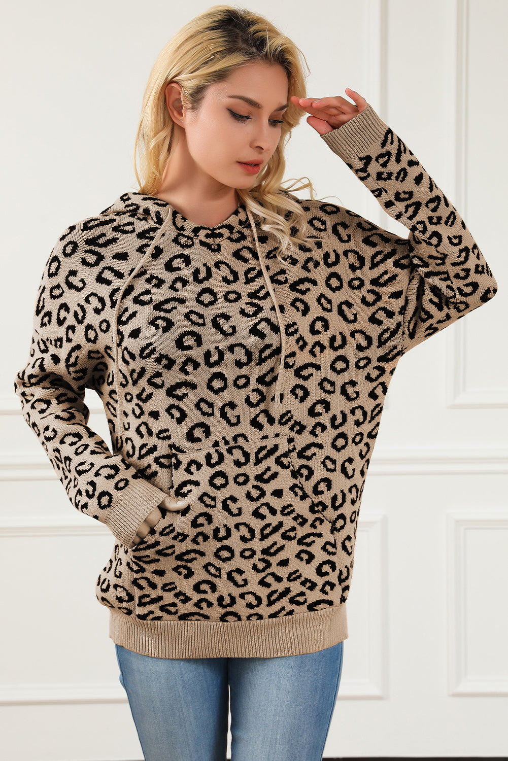 Khaki Leopard Knitted Drawstring Hooded Sweater Sweaters & Cardigans JT's Designer Fashion