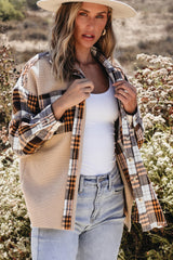 Khaki Thermal Knit Plaid Patchwork Shacket Plaid Shackets JT's Designer Fashion