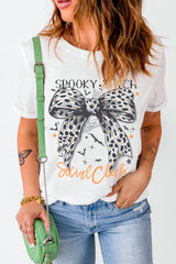 White SPOOKY WITCH Leopard Bowknot Bat Graphic Halloween T Shirt Graphic Tees JT's Designer Fashion