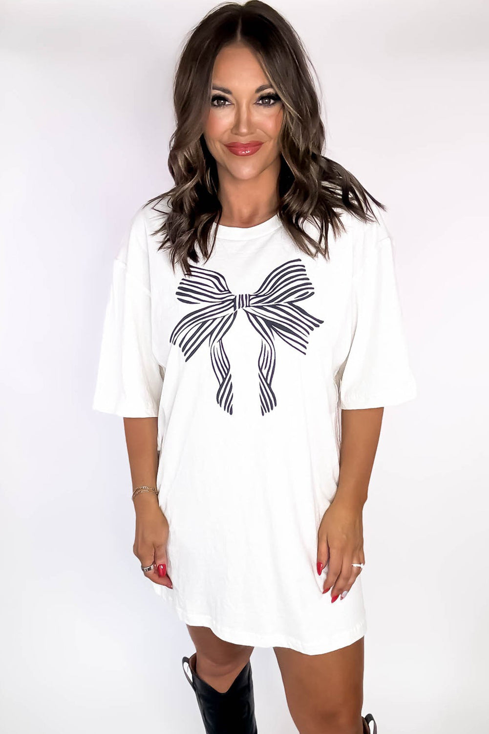 White Striped Bow Knot Half Sleeve Tunic T Shirt Graphic Tees JT's Designer Fashion