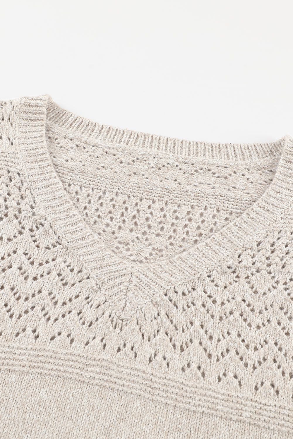 White Eyelet Pattern Detail V Neck Drop Shoulder Sweater Sweaters JT's Designer Fashion
