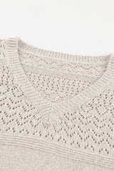 White Eyelet Pattern Detail V Neck Drop Shoulder Sweater Sweaters JT's Designer Fashion